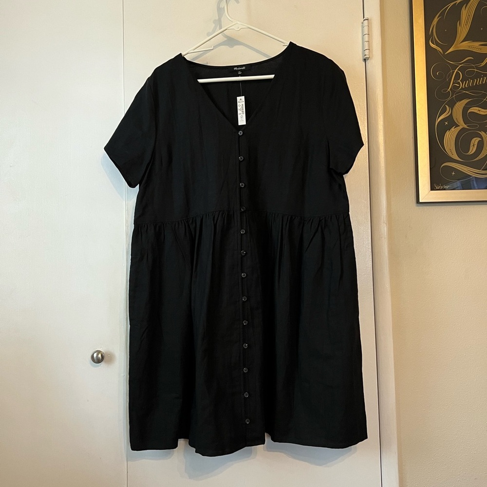 Madewell Black, linen-blend V-Neck Mini Dress XL